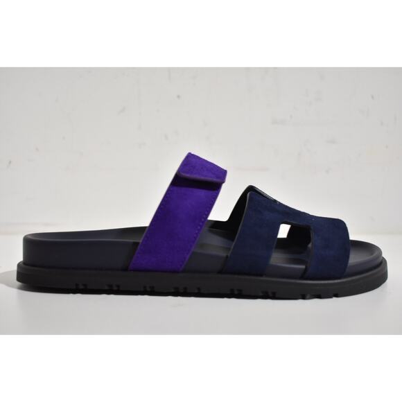 Hermes Chypre Sandal Black Violet Purple Blue H Logo Strap Slide Slip On Flat 37 - Picture 2 of 12